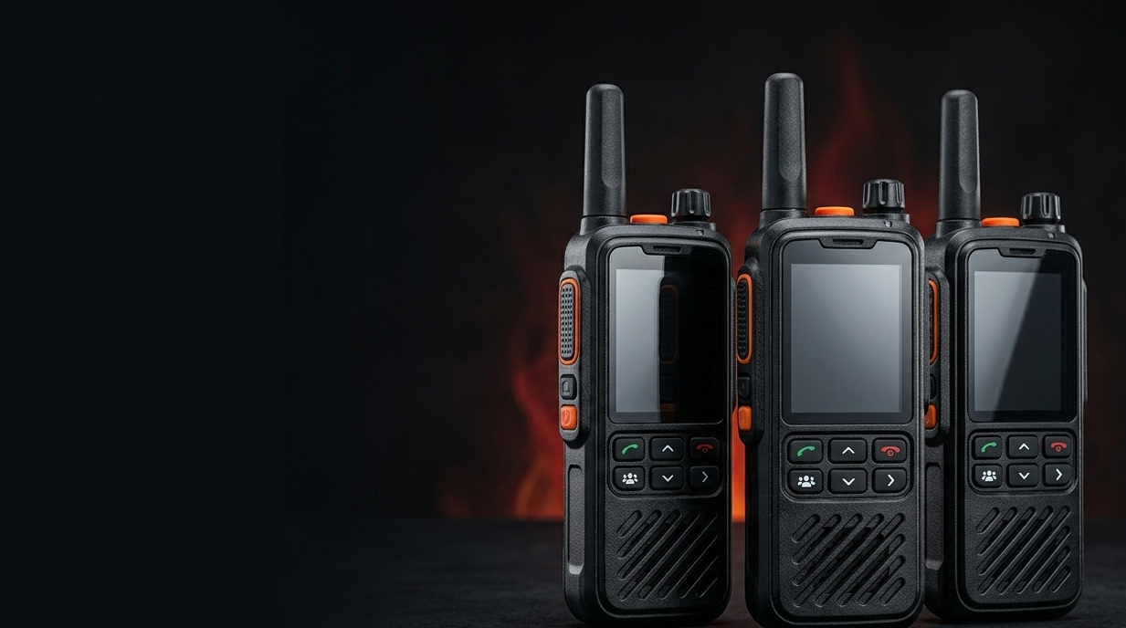 Three black walkie-talkies with orange accents on a dark background

